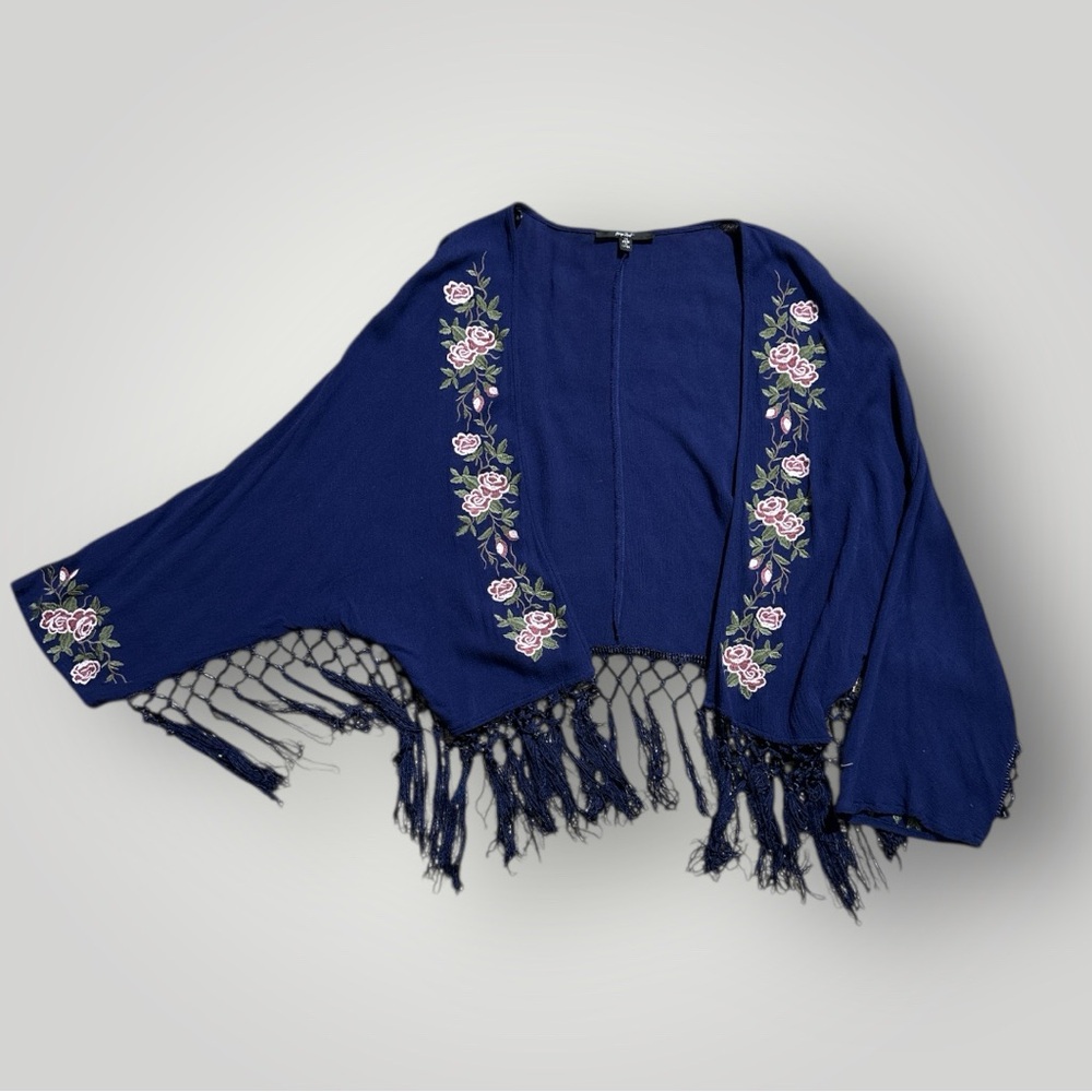 Papaya Navy Blue Boho
Embroidered Fringe Kimono
Size M